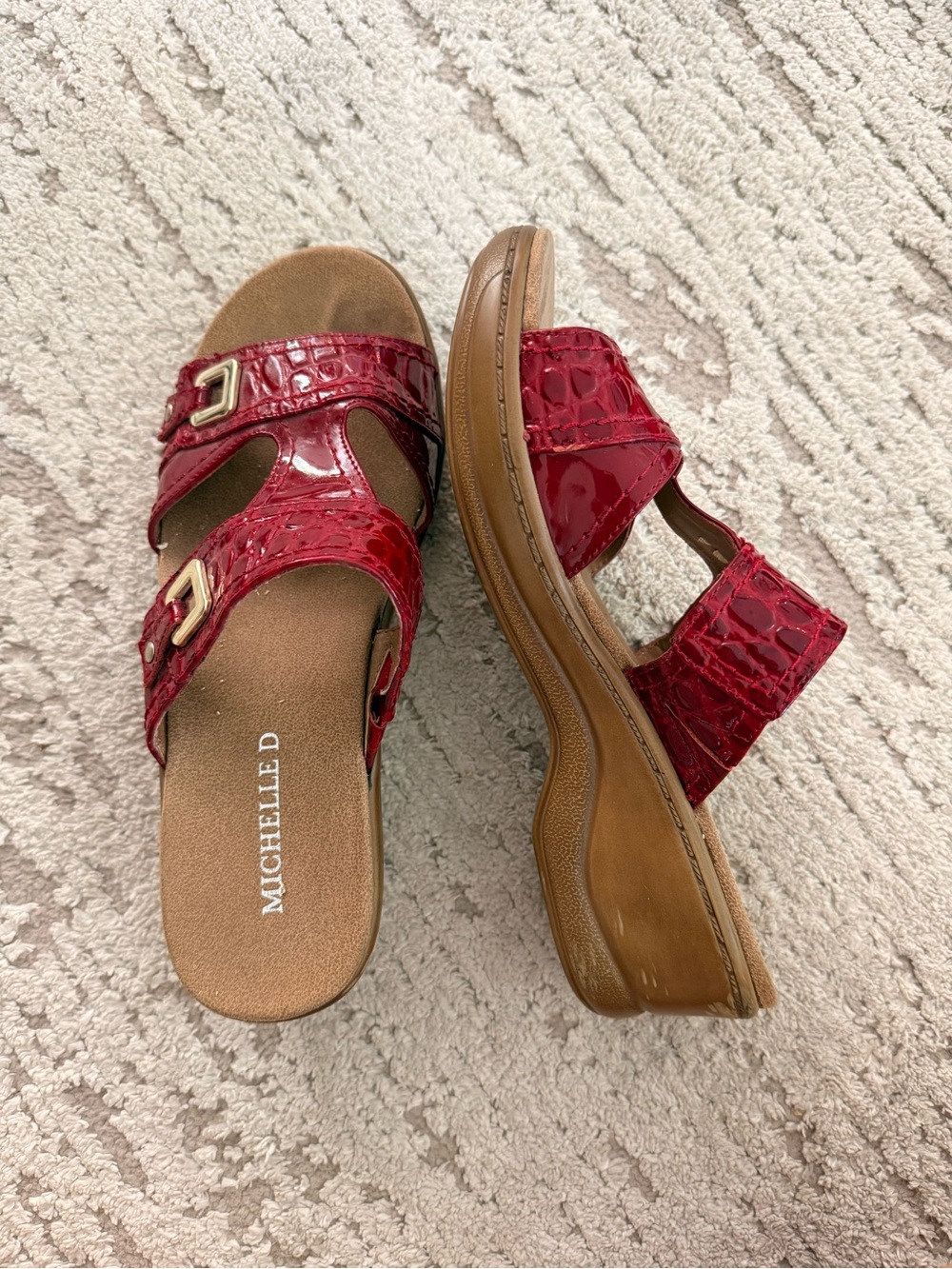 Michelle D Red Croc-Embossed Double Strap Slide Mules